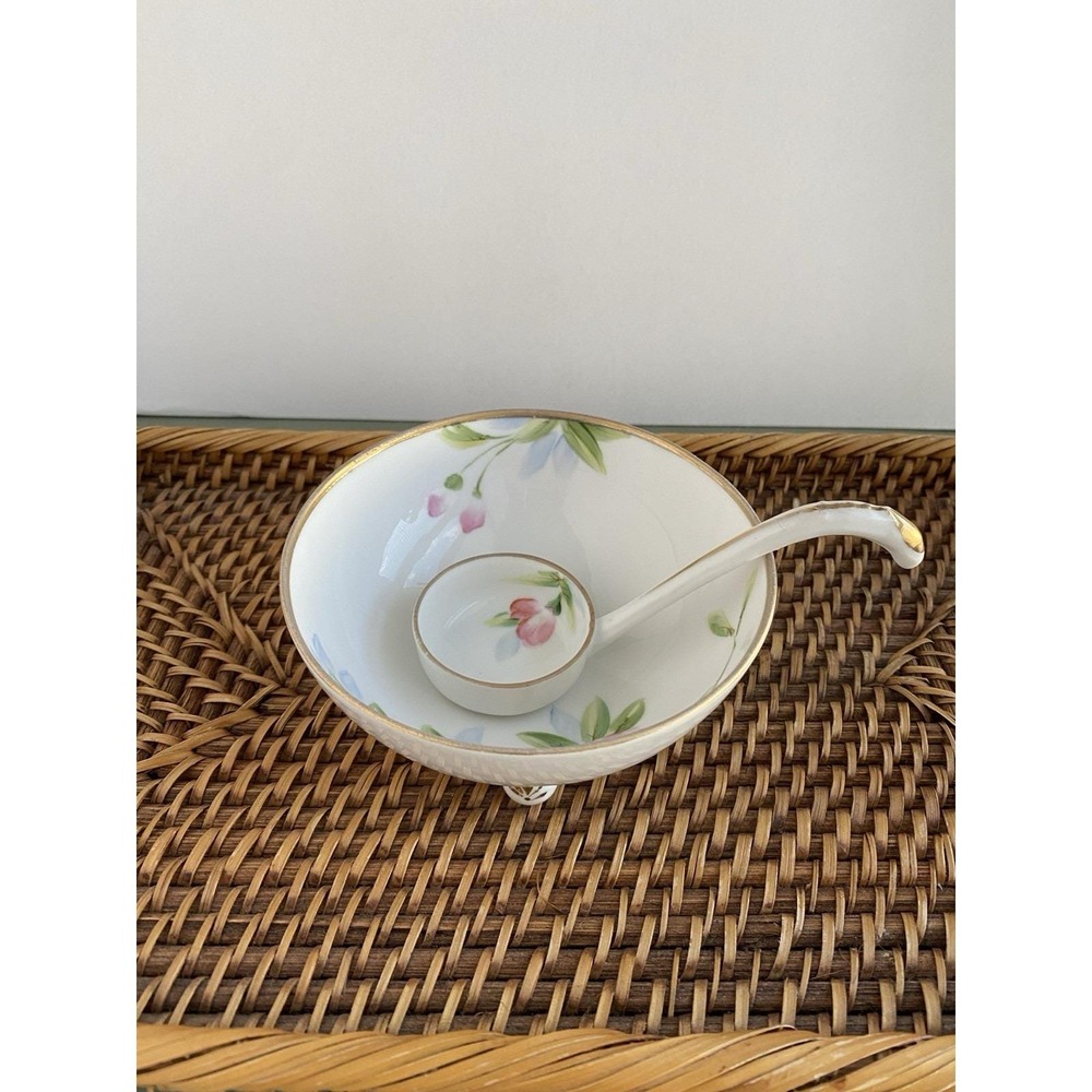 Vintage Nippon Hand Painted Azalea Condiment Bowl & Laddle Spoon Japan